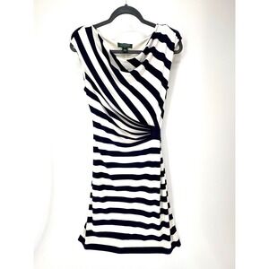 Ralph Lauren Sheath Dress 12P Petite Blue Striped Ruched Cowl Nautical